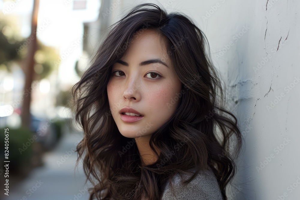 Portrait of a poised young woman with beautiful hair on a city street, giving a captivating look Portrait of a poised young woman with beautiful hair on a city street, giving a captivating look
