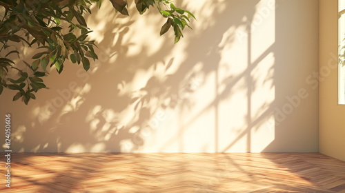 Sunbeams pour through a window  casting shadows on the wall alongside a lush indoor plant