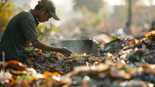 A worker sorting through a pile of garbage separating out recyclable materials before sending the rest to be incinerated. photo