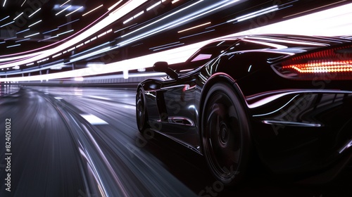 Sports car driving at high speed with shiny lights trails in the background. AI generated image © Leafart
