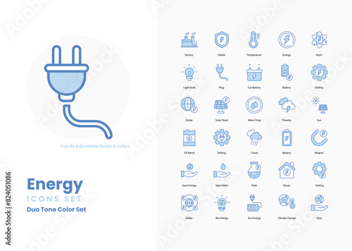 Energy icons collection. Set contains such Icons as power plant, renewable energy, solar panel, wind turbine, battery, electricity, energy efficiency, and more