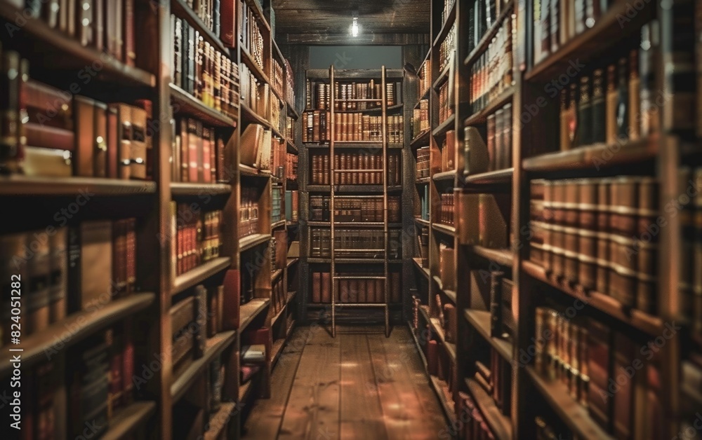 A cozy, dimly lit library filled with aged books in wooden shelves.