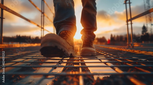 Worker walking on metal platform at construction site photo