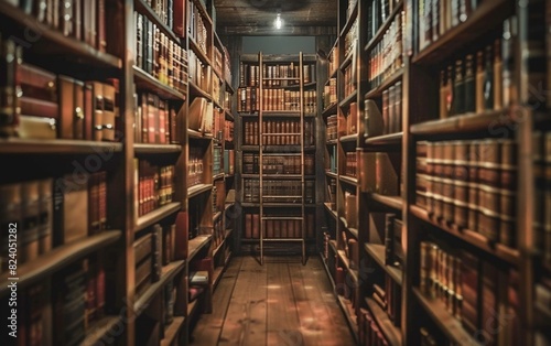 A cozy  dimly lit library filled with aged books in wooden shelves.