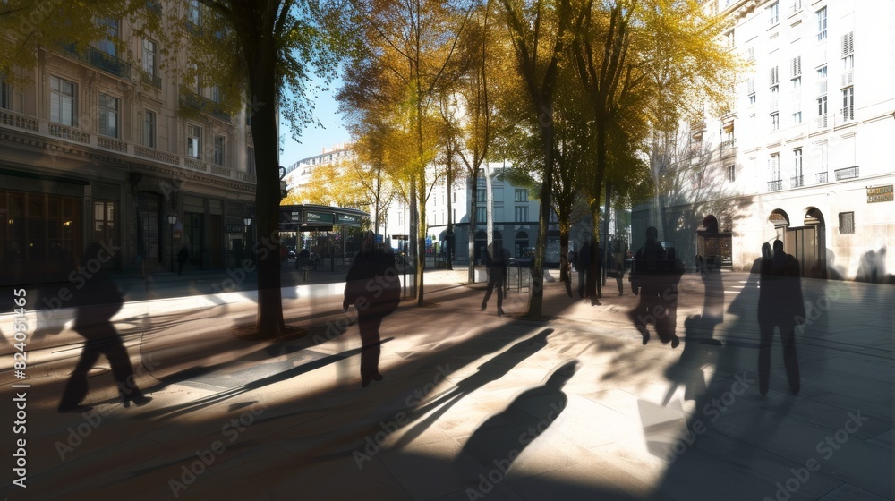 An artistic depiction of a bustling city street in autumn, with elongated shadows cast by pedestrians on the sunlit sidewalk. An artistic depiction of a bustling city street in autumn, with elongated shadows cast by pedestrians on the sunlit sidewalk.