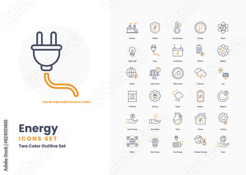 Energy icons collection. Set contains such Icons as power plant, renewable energy, solar panel, wind turbine, battery, electricity, energy efficiency, and more