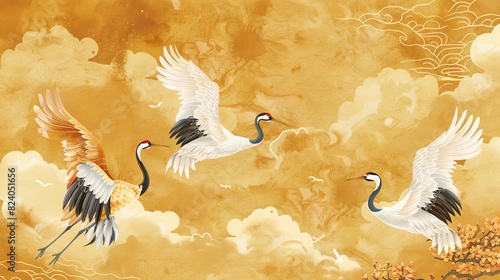 white stork pattern on gold background photo