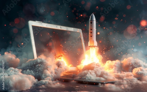 A laptop launching a rocket from its screen, surrounded by fiery clouds.