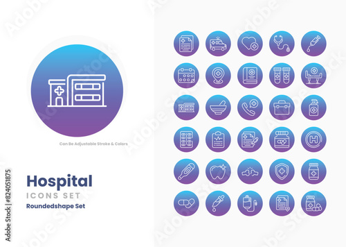 hospital icons collection. Set contains such Icons as Hospital, Doctor, Nurse, Stethoscope, Ambulance, Medical Cross, Bed, Patient, and more photo