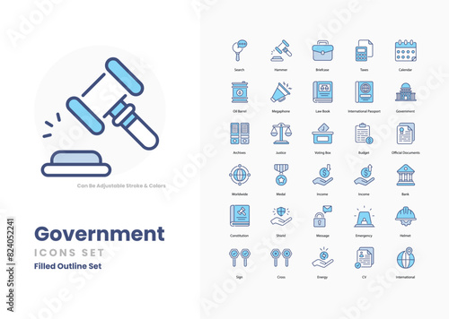 government icons collection. Set contains such Icons as Flag, Capitol Building, Constitution, Justice, Law, Balance Scale, Government Building, and more