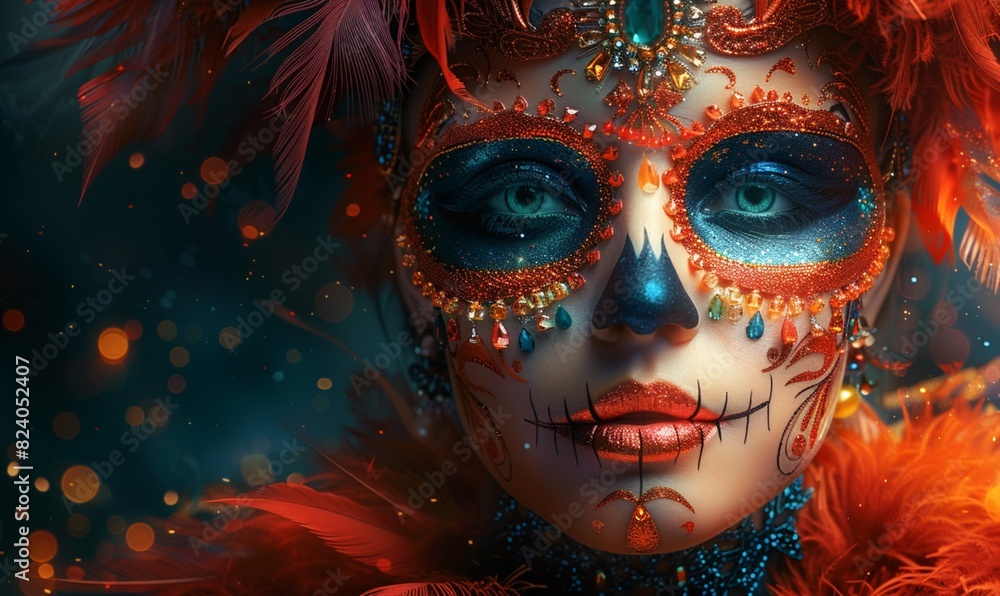 Beautiful Woman in Colorful Makeup Masquerade Mask Day of the Dead