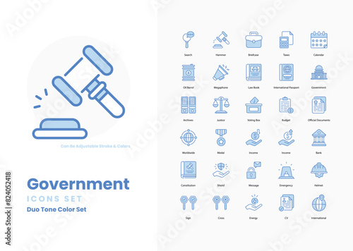 government icons collection. Set contains such Icons as Flag, Capitol Building, Constitution, Justice, Law, Balance Scale, Government Building, and more
