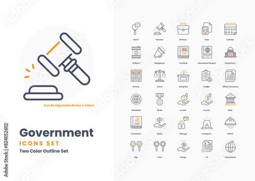 government icons collection. Set contains such Icons as Flag, Capitol Building, Constitution, Justice, Law, Balance Scale, Government Building, and more