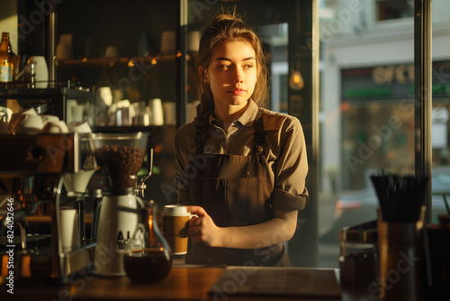 Wallpaper Mural Daytime Coffee Shop Portrait: Woman Behind Counter with Coffee Maker Torontodigital.ca