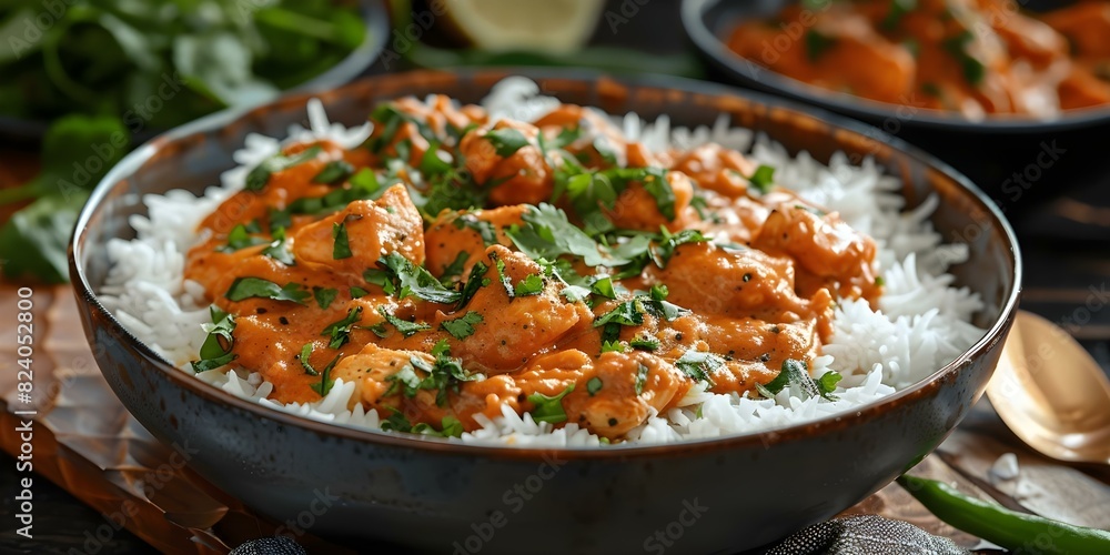 Indian dish with chicken tikka masala served over rice. Concept Indian Cuisine, Chicken Tikka Masala, Rice Dish, Food Photography
