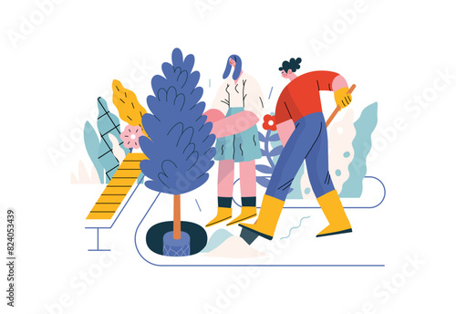 Mutual Support: Community yard improvement -modern flat vector concept illustration of people planting trees and plants A metaphor of voluntary, collaborative exchanges of resource, services