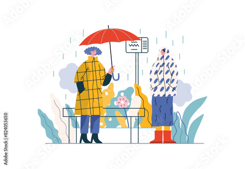 Mutual Support: Offer an umbrella to a stranger -modern flat vector concept illustration of a at a bus stop in the rain offering an umbrella A metaphor of voluntary, collaborative exchanges