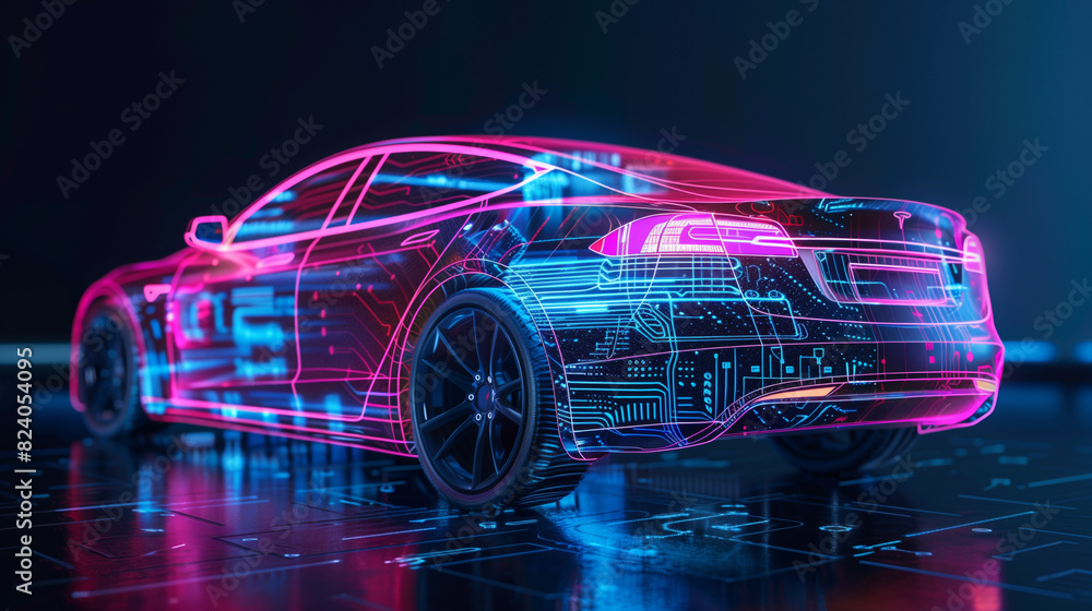 hologram of 3d model of electric car engineering, futuristic project and development of vehicle, transportation concept, electronics in auto industry, holographic modern design hologram of 3d model of electric car engineering, futuristic project and development of vehicle, transportation concept, electronics in auto industry, holographic modern design