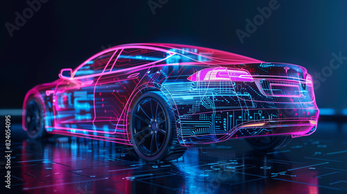 hologram of 3d model of electric car engineering, futuristic project and development of vehicle, transportation concept, electronics in auto industry, holographic modern design
