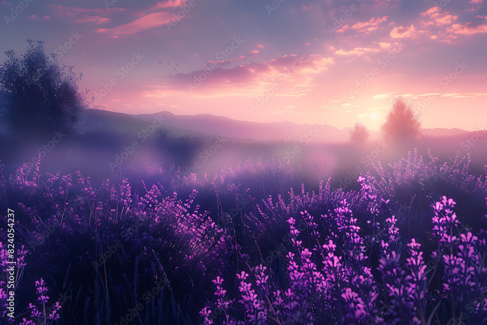 A vast lavender field in full bloom under a clear sky A vast lavender field in full bloom under a clear sky