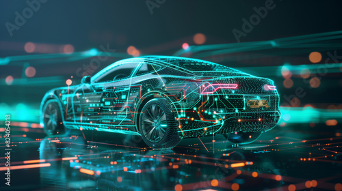 hologram of 3d model of electric car engineering, futuristic project and development of vehicle, transportation concept, electronics in auto industry, holographic modern design