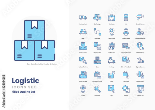 logistics icons collection. Set contains such Icons as truck, ship, plane, warehouse, delivery, package, forklift, pallet, route, cargo, container, freight, and more
