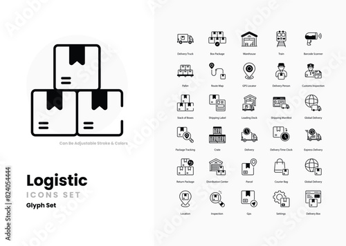 logistics icons collection. Set contains such Icons as truck, ship, plane, warehouse, delivery, package, forklift, pallet, route, cargo, container, freight, and more