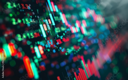 Blurred financial stock market graph with colorful digital data.