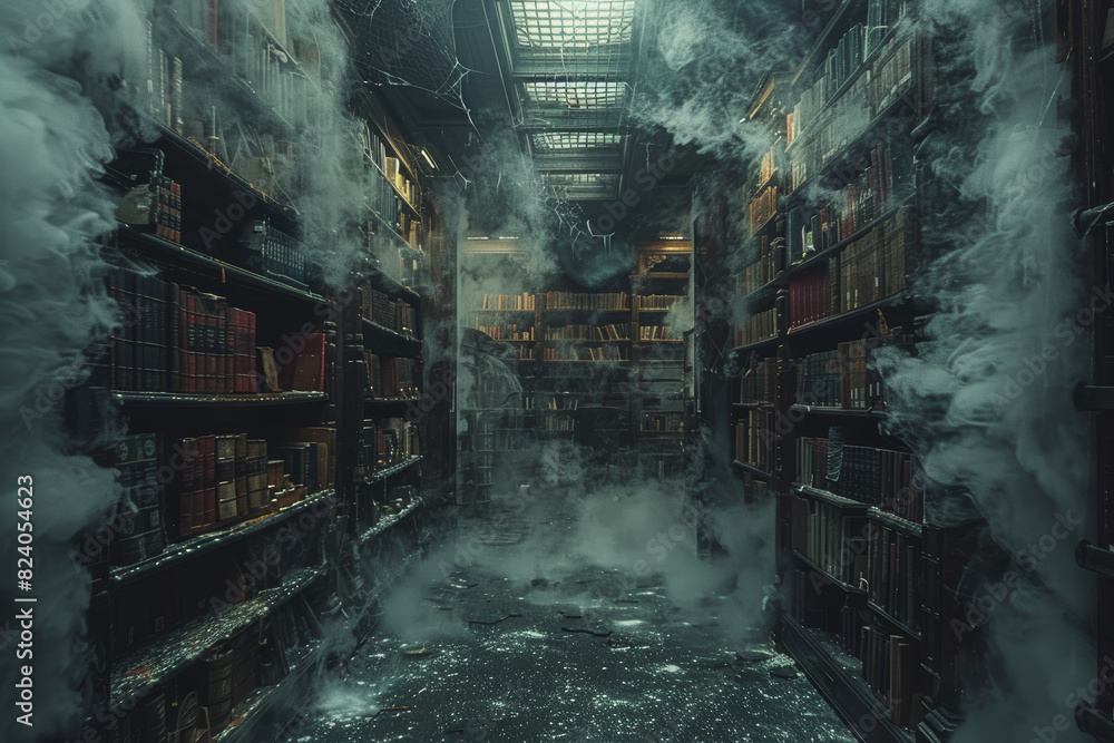 A neglected library with dusty shelves and cobweb-covered books, where the musty scent of decay hangs heavy in the air. Concept of literary neglect. Generative Ai.