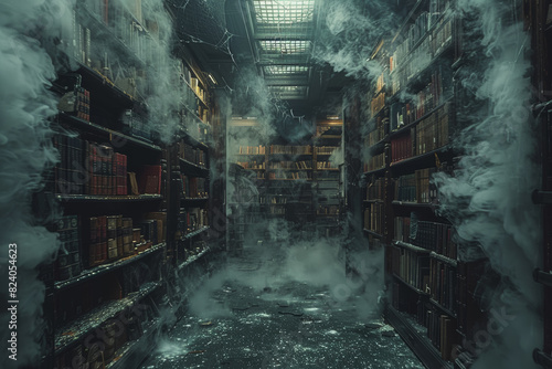 A neglected library with dusty shelves and cobweb-covered books, where the musty scent of decay hangs heavy in the air. Concept of literary neglect. Generative Ai. photo