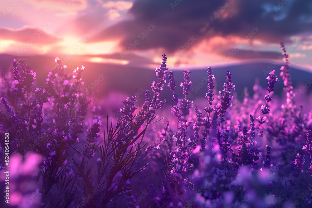 Naklejka premium A vast lavender field in full bloom under a clear sky