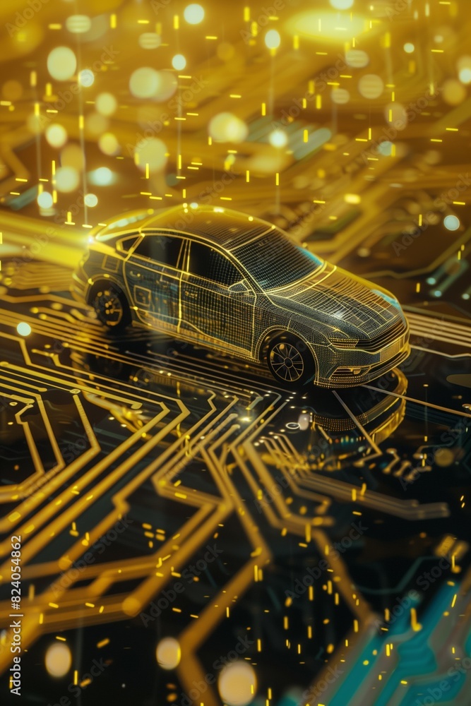 hologram of 3d model of electric car on circuit board, futuristic transportation concept, electronics in auto industry, holographic modern design hologram of 3d model of electric car on circuit board, futuristic transportation concept, electronics in auto industry, holographic modern design