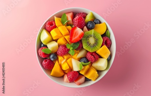 Flat lay of a fresh fruit salad in a bowl on a pink background with space for copy  text or a logo