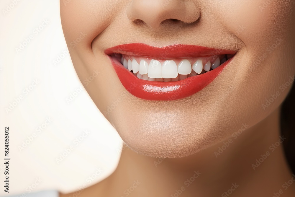Close-up of a woman's smile with bright red lipstick, showcasing perfectly aligned white teeth against a smooth, flawless skin background. Close-up of a woman's smile with bright red lipstick, showcasing perfectly aligned white teeth against a smooth, flawless skin background.