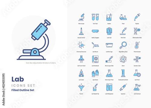 Lab icons collection. Set contains such Icons as test tube, flask, beaker, microscope, petri dish, pipette, bunsen burner, laboratory glassware, and more