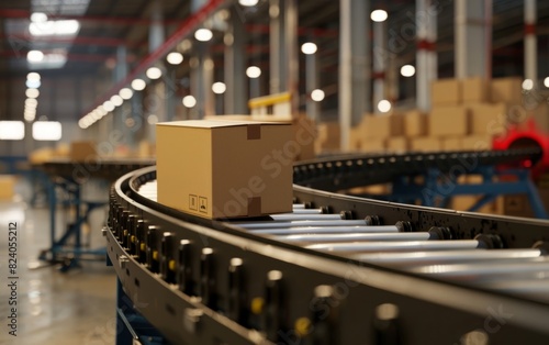 Boxes on conveyor belts in a warehouse.