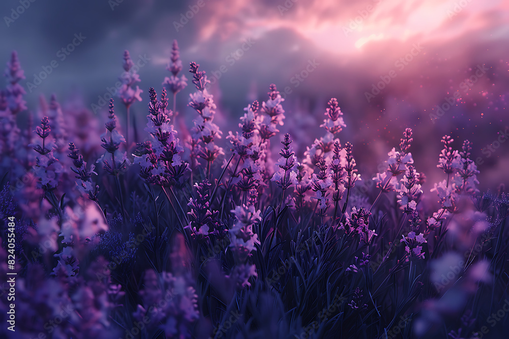 Naklejka premium A vast lavender field in full bloom under a clear sky