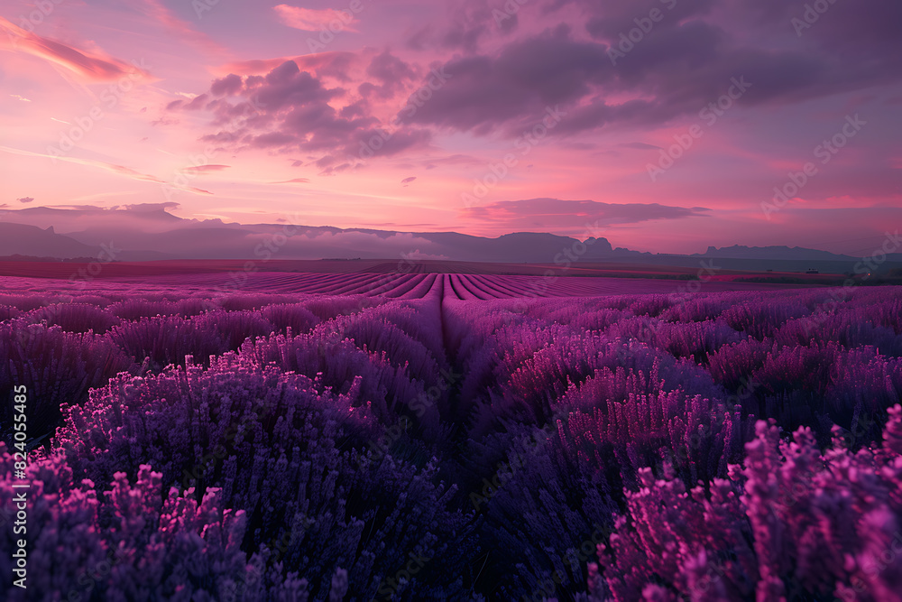 Fototapeta premium A vast lavender field in full bloom under a clear sky