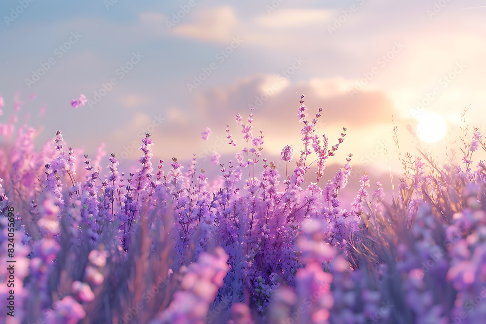 Naklejka premium A vast lavender field in full bloom under a clear sky