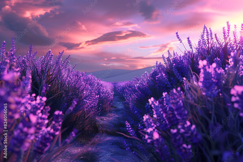 Naklejka premium A vast lavender field in full bloom under a clear sky