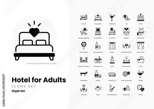 hotel for adults icons collection. Set contains such Icons as luxury, suite, spa, jacuzzi, nightlife, lounge, bar, casino, adult entertainment, romance, privacy, and more