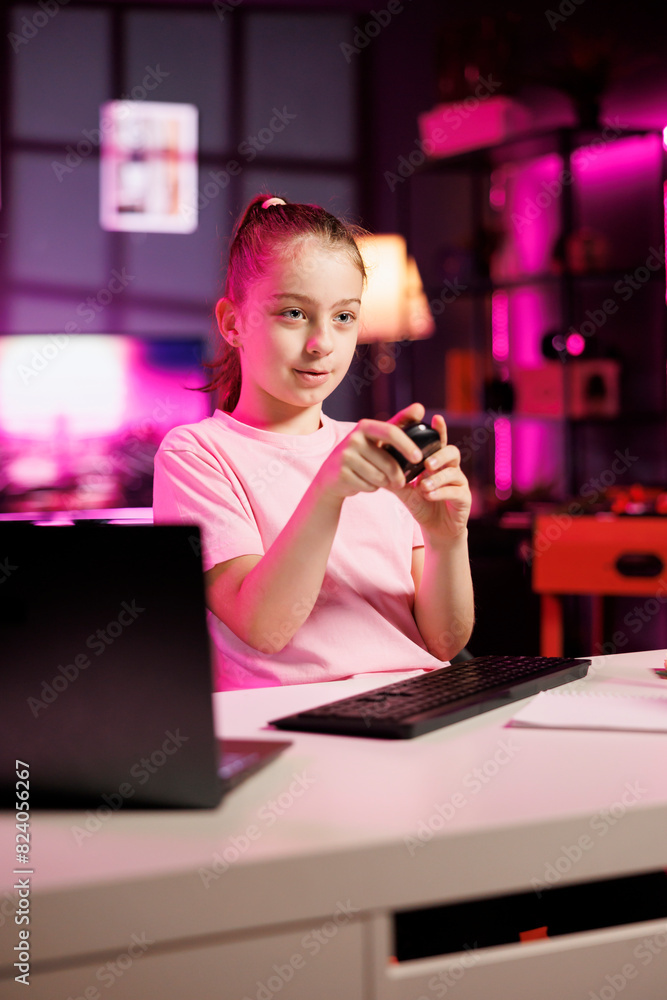 Happy girl films video assessing Bluetooth mouse, talking about components used. Young media star shoots wireless computer peripheral review for online channel, pleased with materials quality Happy girl films video assessing Bluetooth mouse, talking about components used. Young media star shoots wireless computer peripheral review for online channel, pleased with materials quality