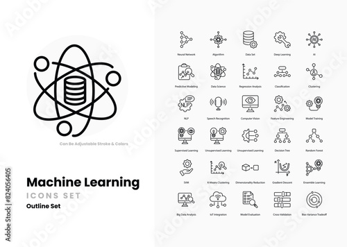 machine learning icons collection. Set contains such Icons as algorithm, neural network, artificial intelligence, data, training, model, prediction, classification, and more