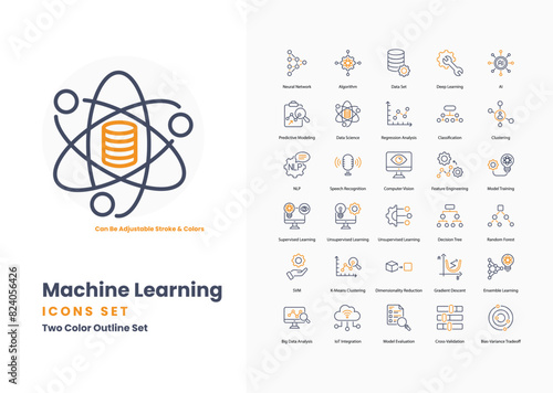 machine learning icons collection. Set contains such Icons as algorithm, neural network, artificial intelligence, data, training, model, prediction, classification, and more