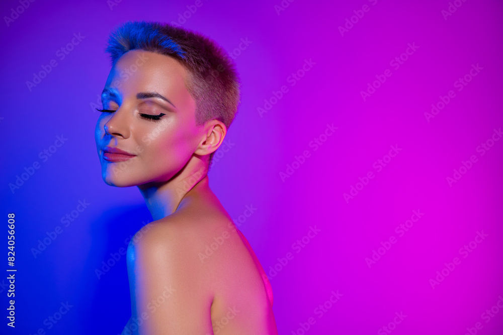 Magnificently classy dreamy girl holiday visage festive event empty space isolated on vivid violet color background