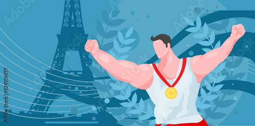 Victory IN Paris, athlete with a gold medal on the background of a laurel wreath. Vector illustration, background with empty space