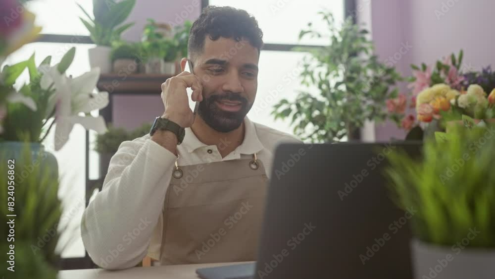 A handsome young hispanic man with a beard working on a laptop in a flower shop while talking on the phone. A handsome young hispanic man with a beard working on a laptop in a flower shop while talking on the phone.