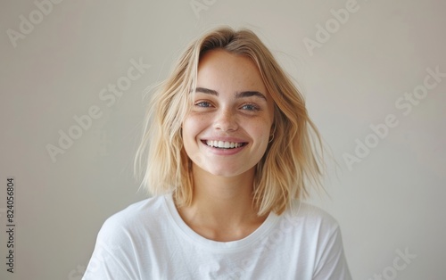 Cheerful blonde woman in a white t-shirt, smiling with light background.