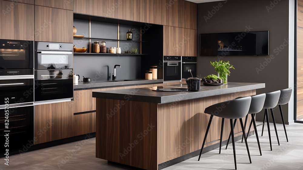 Modern kitchen interior with sleek appliances and a stylish island Modern kitchen interior with sleek appliances and a stylish island