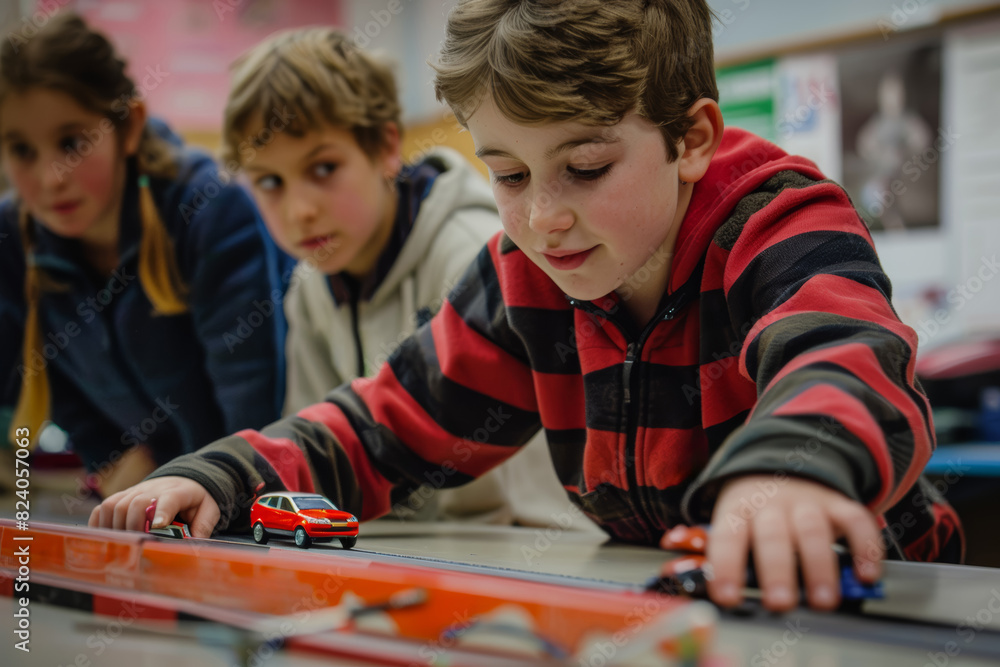 Fototapeta premium Inspired learners experimenting with the principles of friction and motion through activities with ramps, cars, and various surfaces. Concept of physics and kinetic energy. Generative Ai.